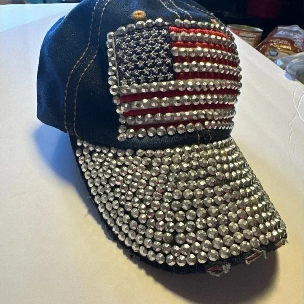 USA BALL CAP ADJUSTABLE DENIM Blue jean Hat Womens Embellished Rhinestone Bling